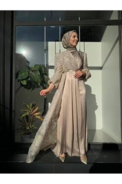 Babil Butik Kabartma Kumaş Mıllıe Kadın Abiye Elbise Bej