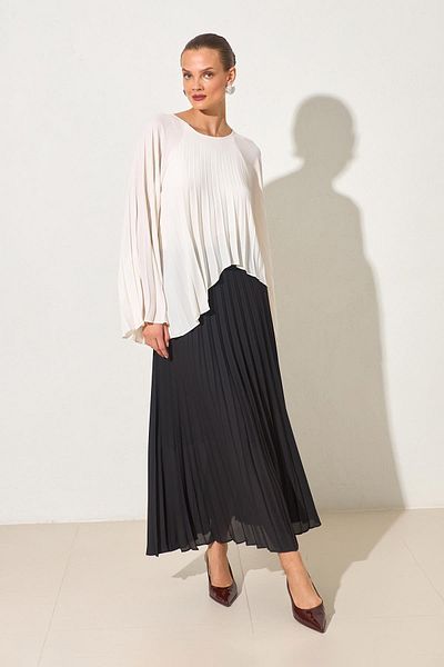 Setre Ecru-Black Crew Neck Pleat Detailed Double Color Midi Length Dress