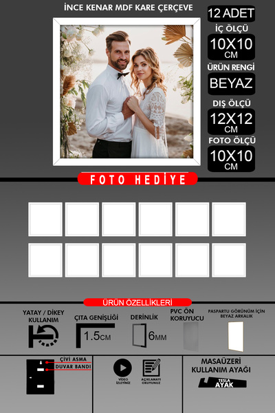 yhfoto 12Pcs 10X10 Frame - Fine Slatted Frame - White Frame - Square Frame - Photo Frame