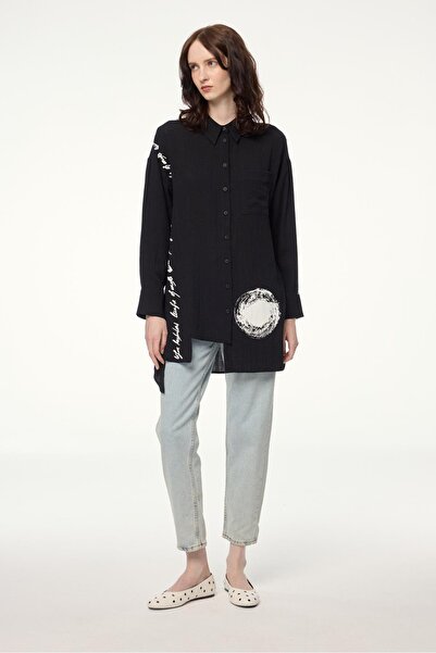 Zühre Patterned Shirt Collar Black Tunic T-1581
