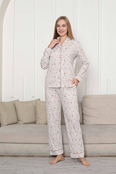 ALİMER Set pijamale pentru femei cu nasturi în față - model de inimă bej cu mâneci lungi Lycra Rink Viscose 2868UY