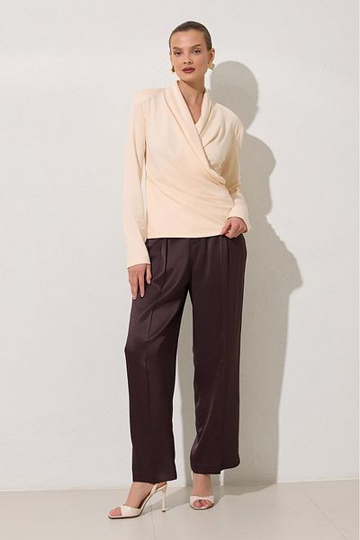 Setre Cream Draped Long Sleeve V Neck Blouse