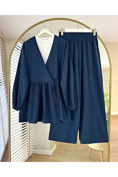 Bahar Altundemir بدلة نسائية صيفية كبيرة الحجم برباط مزدوج باللون الأزرق الدا...