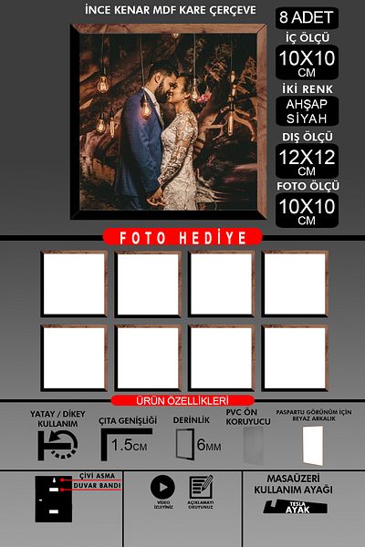 Bytwo 8Pcs 10X10 Frame - Fine Slatted Frame - 2 Colors Wood Black - Square Frame Photo Frame
