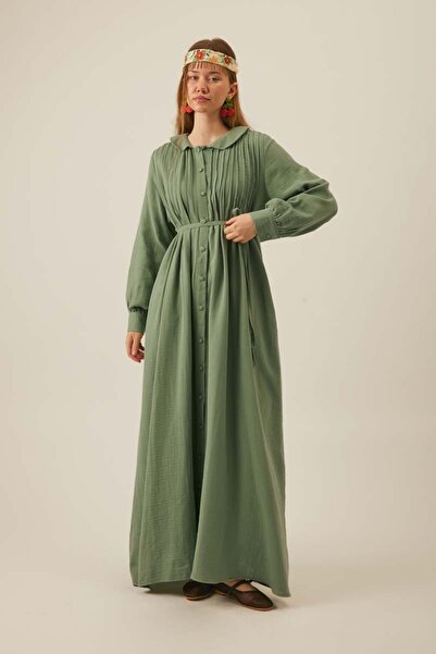 ZÜLAYS Bebe Yaka Nervürlü Müslin Elbise Mint