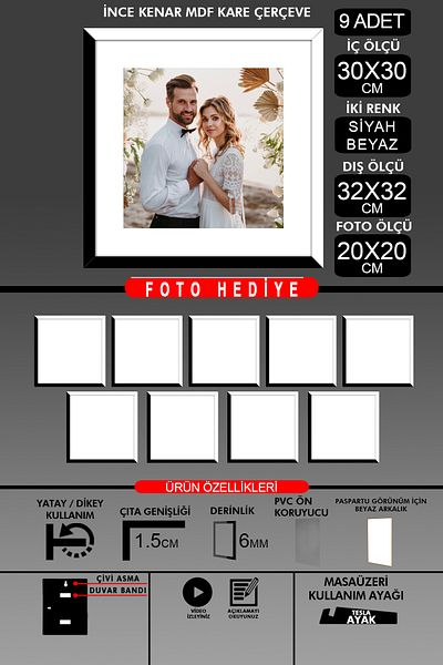 Bytwo 9Pcs 30X30 Frame - Thin Slatted Frame - 2 Colors Black White - Square Frame Photo Frame