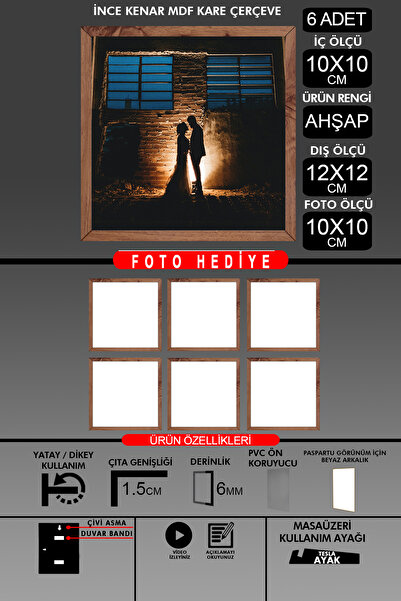 yhfoto 6 bucăți 10X10 Cadru - Cadru cu șipci subțiri - Cadru din lemn - Cadru pătrat - Ramă foto