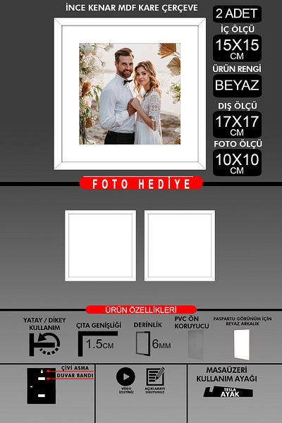 bymat 2 Pieces 15X15 Frame - Thin Slatted Frame - White Frame - Square Frame - Photo Frame