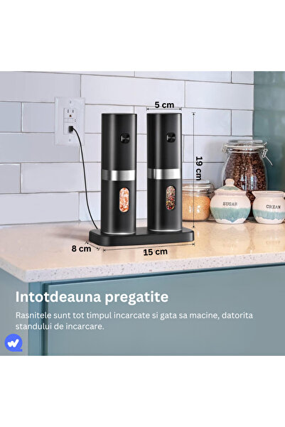 WEBYO Set 2 Rasnite electrice sare piper si condimente, Lame ceramice, Control finetea macinarii, Negru