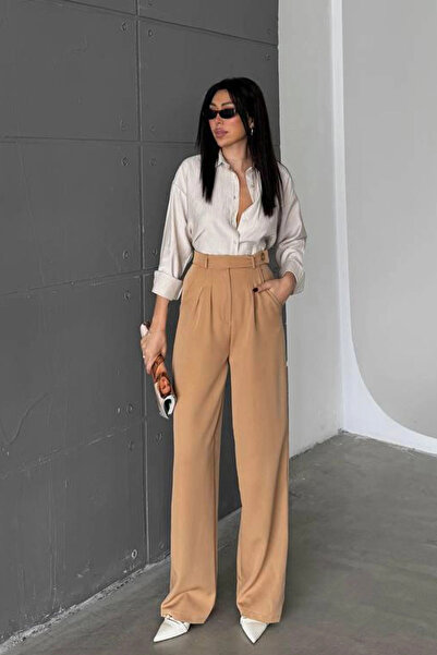 Kubos Moda Ψηλόμεσο ανοιχτό καφέ παντελόνι Palazzo