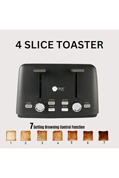 Afra Electric Breakfast Toaster, 1600W, 4 Slots, Removable Crumb Tray, Matte Black Finish, Browning,