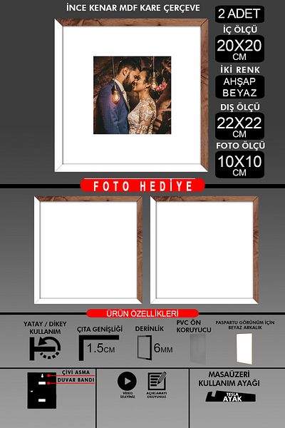 Bytwo 2 Pieces 20X20 Frame - Thin Slatted Frame - 2 Colors White Wood - Square Frame Photo Frame