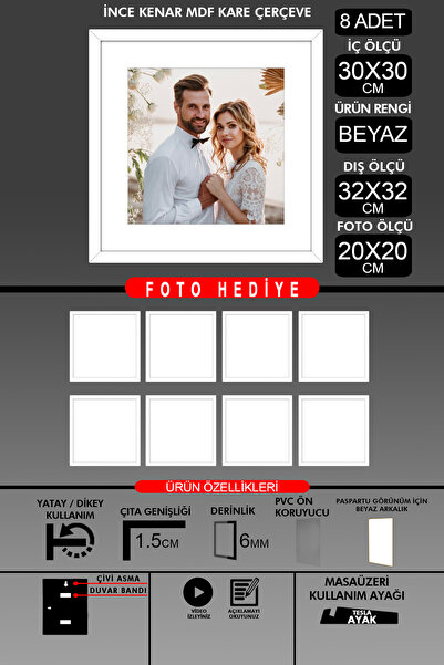 Bytwo 8 komada okvira 30x30 - Tanki letvičasti okvir - Beli okvir - Kvadratni...