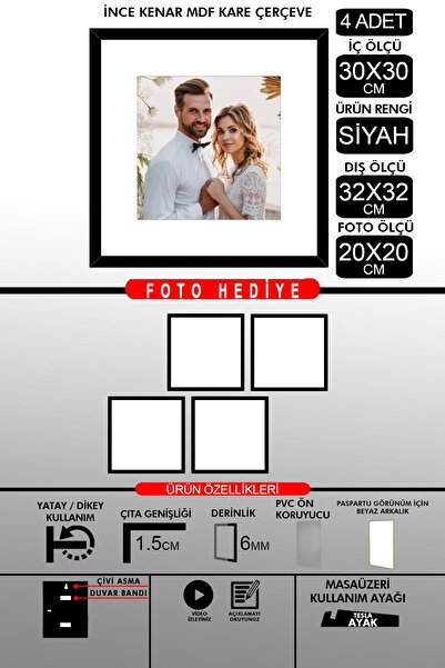 Bytwo 4 Pieces 30X30 Frame - Thin Slatted Frame - Black Frame - Square Frame - Photo Frame
