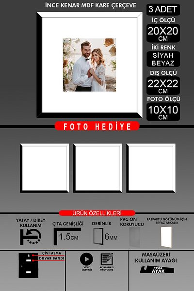bymat 3Pcs 20X20 Frame - Thin Slatted Frame - 2 Colors Black White - Square Frame Photo Frame
