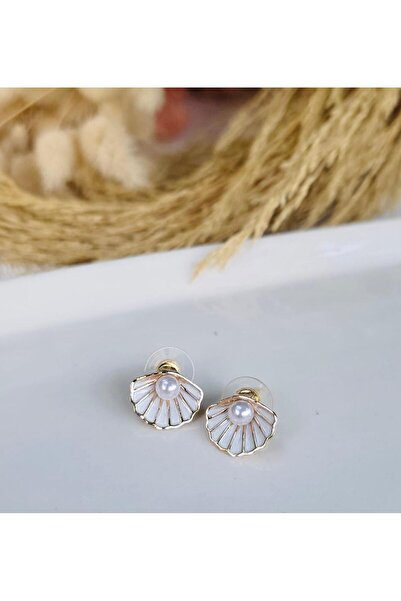 My Life Accessory Women's White Seashell Design Pearl Detailed Steel Earrings Allergy Free No Tarnish