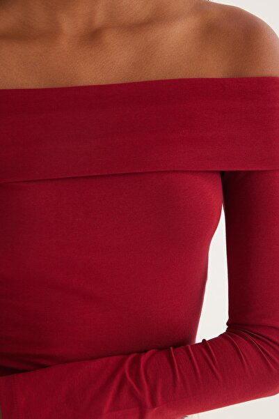 Tudors Women's Slim Fit Slim Fit Long Sleeve Boat Neck Burgundy Blouse