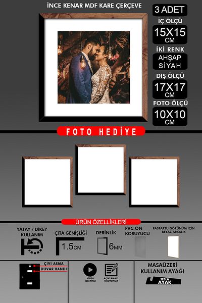 yhfoto 3Pcs 15X15 Frame - Thin Slatted Frame - 2 Colors Wood Black - Square Frame Photo Frame