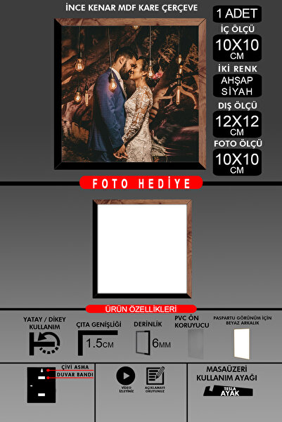 yhfoto 1 Buc 10X10 Cadru - Cadru cu șipci subțiri - 2 Culori Lemn Negru - Cadru Fotografie Cadru pătrat