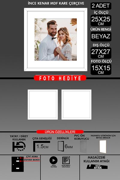 Bytwo 2 Pieces 25X25 Frame - Thin Slatted Frame - White Frame - Square Frame - Photo Frame