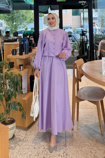 Tesettür Diyarı Kadın Trikoton Kumaş Düğmeli Düz Tesettür Takım