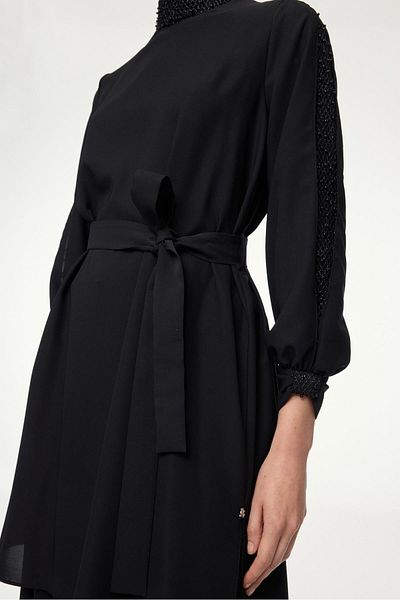 Zühre Black Tunic with Belt and Stone Detail on Collar and Sleeves T-1551