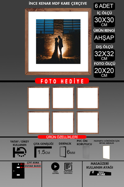 bymat 6 Pieces 30X30 Frame - Thin Slatted Frame - Wooden Frame - Square Frame - Photo Frame