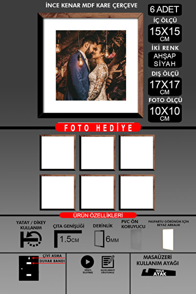 yhfoto 6 komada okvira 15x15 - tanki letvičasti okvir - 2 boje drvo crna - kv...