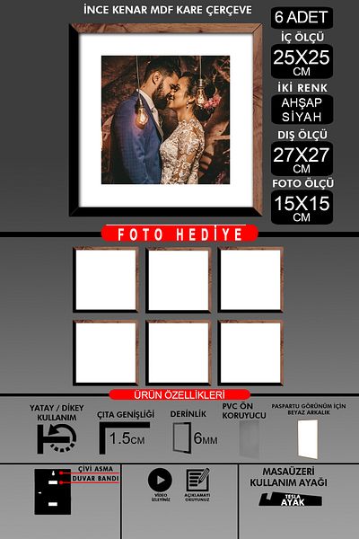 Bytwo 6 Pieces 25X25 Frame - Thin Slatted Frame - 2 Colors Wood Black - Square Frame Photo Frame