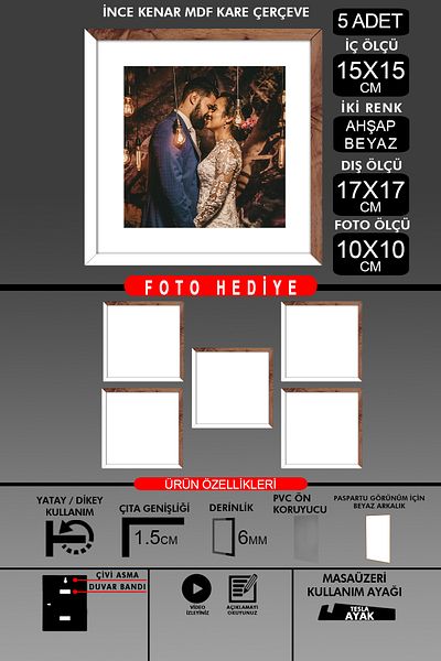 Bytwo 5 Pieces 15X15 Frame - Thin Slatted Frame - 2 Colors White Wood - Square Frame Photo Frame