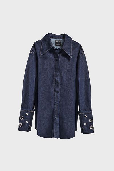 its basic Women's Indigo Color 7W5-50 Super Oversize 100% Cotton Bird's Eye Detailed Design Denim Shirt Jacket