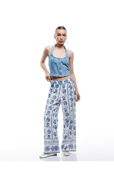 Koton Παντελόνι βισκόζης με ελαστική μέση και φαρδύ πόδι με λουλούδια