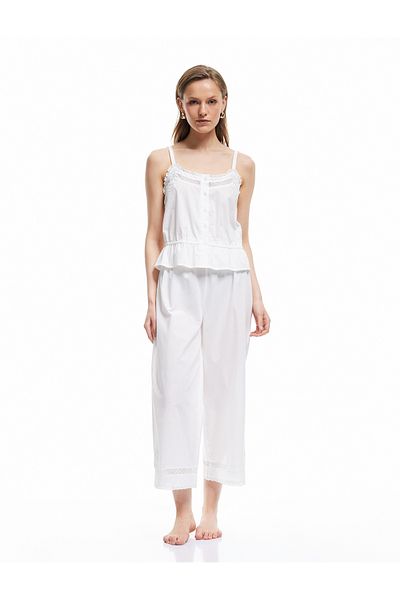 Koton Buttoned Ruffle Detail Brode Cotton Suspender Pajama Top