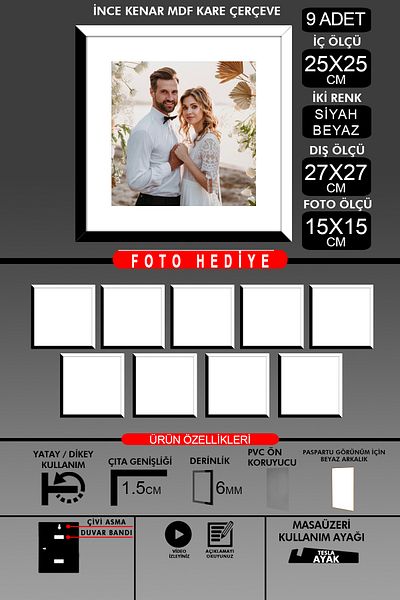 Bytwo 9Pcs 25X25 Frame - Thin Slatted Frame - 2 Colors Black White - Square Frame Photo Frame