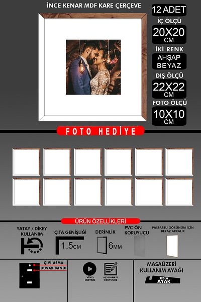 Bytwo 12 Pieces 20X20 Frame - Thin Slatted Frame - 2 Colors White Wood - Square Frame Photo Frame