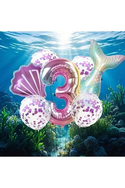 parti sürprizi Mermaid Tail Purple Confetti 3 Years Old Foil Balloon Set