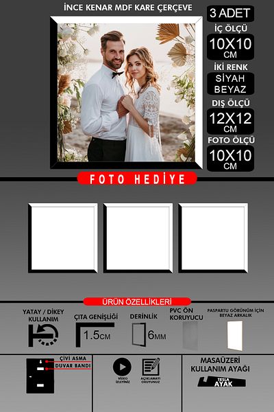 Bytwo 3Pcs 10X10 Frame - Fine Slatted Frame - 2 Colors Black White - Square Frame Photo Frame