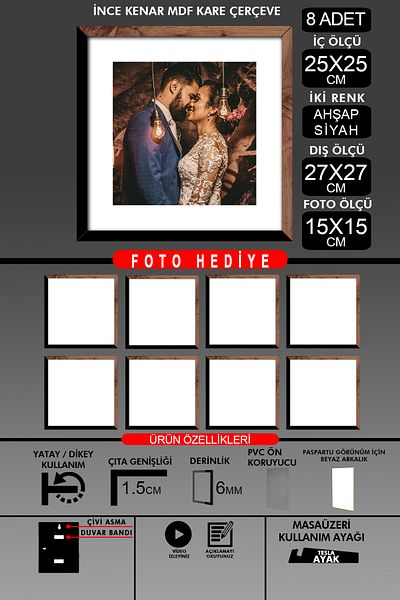 Bytwo 8Pcs 25X25 Frame - Thin Slatted Frame - 2 Colors Wood Black - Square Frame Photo Frame