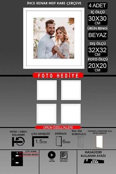 Bytwo 4 Pieces 30X30 Frame - Thin Slatted Frame - White Frame - Square Frame - Photo Frame
