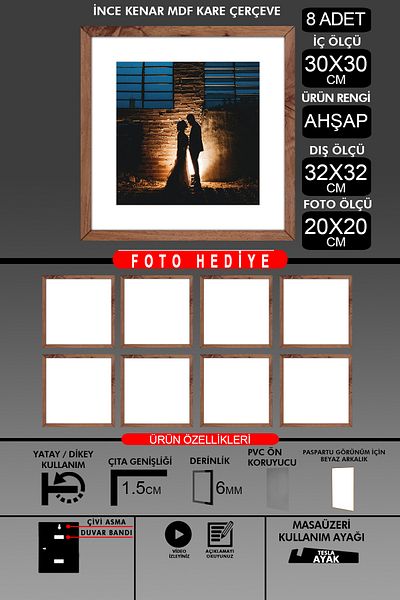 yhfoto 8 Pieces 30X30 Frame - Thin Slatted Frame - Wooden Frame - Square Frame - Photo Frame