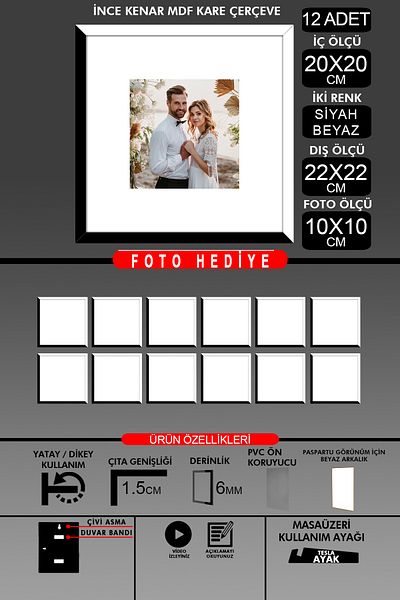 Bytwo 12 Pieces 20X20 Frame - Thin Slatted Frame - 2 Colors Black White - Square Frame Photo Frame