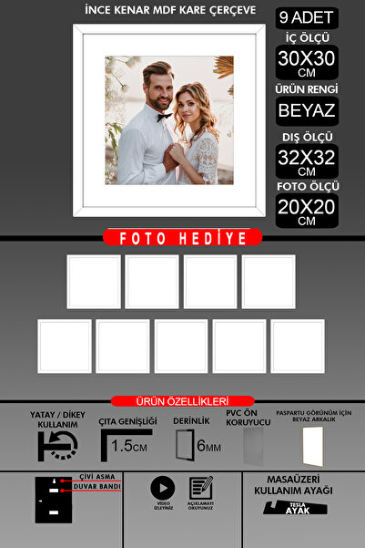 Bytwo 9 komada okvira 30x30 - tanki letvičasti okvir - beli okvir - kvadratni...