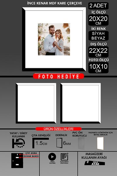 Bytwo 2Pcs 20X20 Frame - Thin Slatted Frame - 2 Colors Black White - Square Frame Photo Frame