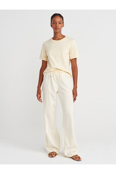 Dilvin 72030 Ribbed Stitched Elastic Denim Trousers-Yellow