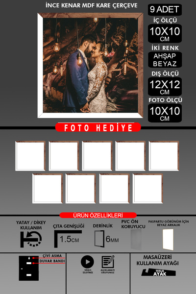 yhfoto 9 komada okvira 10x10 - tanki letvičasti okvir - 2 boje belo drvo - kv...