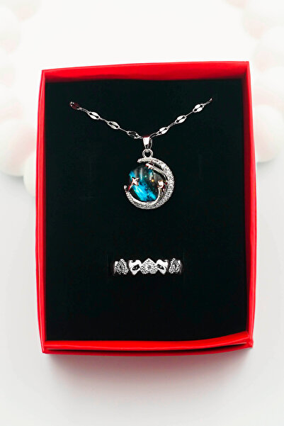 TREND COLLECTİON Kadın Paslanmaz Çelik Gümüş Gökyüzü Kolye Ve Taşlı Kalp Yüzük (Kutulu)