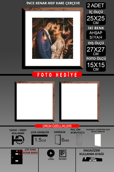 Bytwo 2Pcs 25X25 Frame - Thin Slatted Frame - 2 Colors Wood Black - Square Frame Photo Frame