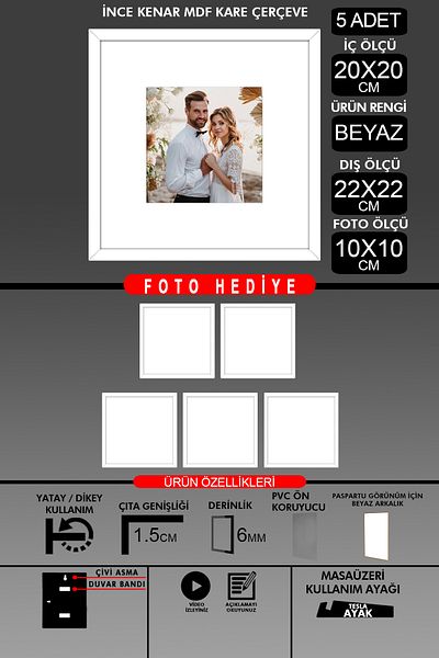 yhfoto 5 Pieces 20X20 Frame - Thin Slatted Frame - White Frame - Square Frame - Photo Frame