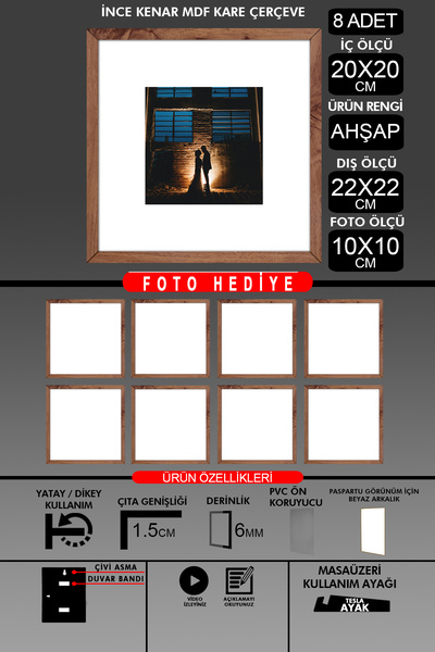 yhfoto 8 komada okvira 20x20 - tanki letvičasti okvir - drveni okvir - kvadra...