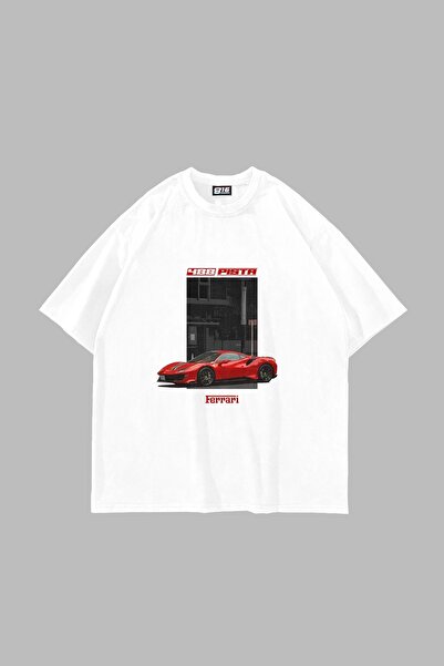 Bak Moda Tricou alb unisex oversize cu imprimeu 488 Pista